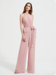 Jumpsuit Plissé Sans Manches à Encolure Licou avec Ceinture Rose Poudré Grande Taille