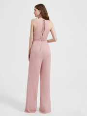 Jumpsuit Plissé Sans Manches à Encolure Licou avec Ceinture Rose Poudré Grande Taille