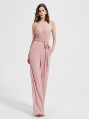 Jumpsuit Plissé Sans Manches à Encolure Licou avec Ceinture Rose Poudré