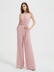 Jumpsuit Plissé Sans Manches à Encolure Licou avec Ceinture Rose Poudré Grande Taille