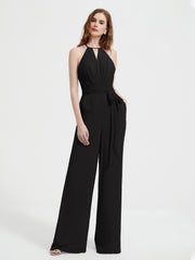 Jumpsuit Plissé Sans Manches à Encolure Licou avec Ceinture Noir