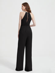 Jumpsuit Plissé Sans Manches à Encolure Licou avec Ceinture Noir Grande Taille
