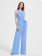 Jumpsuit Plissé Sans Manches à Encolure Licou avec Ceinture Bleu