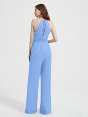 Jumpsuit Plissé Sans Manches à Encolure Licou avec Ceinture Bleu Grande Taille