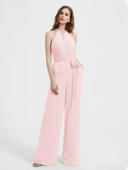 Jumpsuit Plissé Sans Manches à Encolure Licou avec Ceinture Rose Pâle