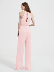 Jumpsuit Plissé Sans Manches à Encolure Licou avec Ceinture Rose Pâle