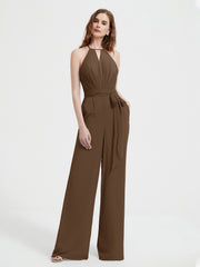 Jumpsuit Plissé Sans Manches à Encolure Licou avec Ceinture Brun