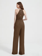 Jumpsuit Plissé Sans Manches à Encolure Licou avec Ceinture Brun