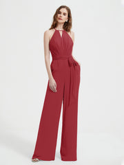 Jumpsuit Plissé Sans Manches à Encolure Licou avec Ceinture Bordeaux