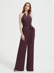 Jumpsuit Plissé Sans Manches à Encolure Licou avec Ceinture Cabernet