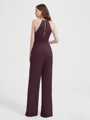 Jumpsuit Plissé Sans Manches à Encolure Licou avec Ceinture Cabernet Grande Taille