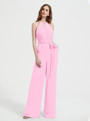 Jumpsuit Plissé Sans Manches à Encolure Licou avec Ceinture Rose Bonbon Grande Taille