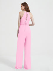 Jumpsuit Plissé Sans Manches à Encolure Licou avec Ceinture Rose Bonbon