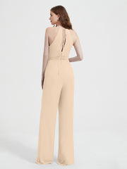 Jumpsuit Plissé Sans Manches à Encolure Licou avec Ceinture Champagne