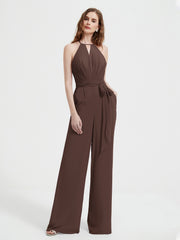 Jumpsuit Plissé Sans Manches à Encolure Licou avec Ceinture Chocolat Grande Taille