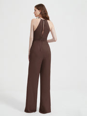 Jumpsuit Plissé Sans Manches à Encolure Licou avec Ceinture Chocolat Grande Taille