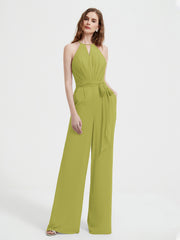 Jumpsuit Plissé Sans Manches à Encolure Licou avec Ceinture Trèfle