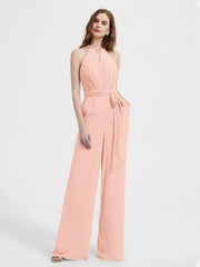 Jumpsuit Plissé Sans Manches à Encolure Licou avec Ceinture Corail