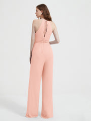 Jumpsuit Plissé Sans Manches à Encolure Licou avec Ceinture Corail Grande Taille