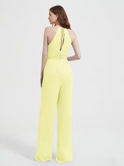 Jumpsuit Plissé Sans Manches à Encolure Licou avec Ceinture Jonquille Grande Taille