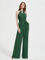 Jumpsuit Plissé Sans Manches à Encolure Licou avec Ceinture Vert Foncé