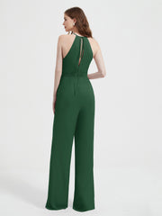 Jumpsuit Plissé Sans Manches à Encolure Licou avec Ceinture Vert Foncé