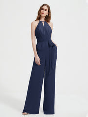 Jumpsuit Plissé Sans Manches à Encolure Licou avec Ceinture Bleu Marine Grande Taille