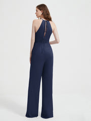 Jumpsuit Plissé Sans Manches à Encolure Licou avec Ceinture Bleu Marine