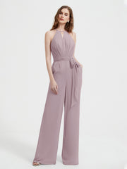 Jumpsuit Plissé Sans Manches à Encolure Licou avec Ceinture Crépuscule Grande Taille