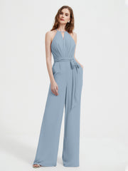 Jumpsuit Plissé Sans Manches à Encolure Licou avec Ceinture Bleu Poudré Grande Taille