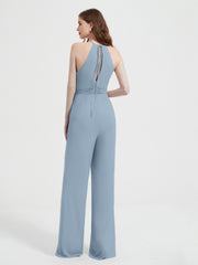 Jumpsuit Plissé Sans Manches à Encolure Licou avec Ceinture Bleu Poudré Grande Taille