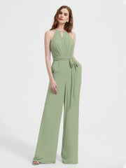 Jumpsuit Plissé Sans Manches à Encolure Licou avec Ceinture Sauge Poudrée