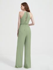 Jumpsuit Plissé Sans Manches à Encolure Licou avec Ceinture Sauge Poudrée