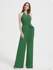 Jumpsuit Plissé Sans Manches à Encolure Licou avec Ceinture Emeraude