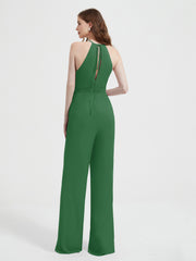 Jumpsuit Plissé Sans Manches à Encolure Licou avec Ceinture Emeraude Grande Taille