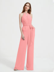 Jumpsuit Plissé Sans Manches à Encolure Licou avec Ceinture Flamant
