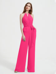Jumpsuit Plissé Sans Manches à Encolure Licou avec Ceinture Fuchsia Grande Taille