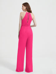 Jumpsuit Plissé Sans Manches à Encolure Licou avec Ceinture Fuchsia Grande Taille
