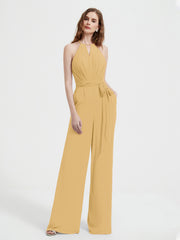 Jumpsuit Plissé Sans Manches à Encolure Licou avec Ceinture Or