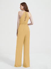 Jumpsuit Plissé Sans Manches à Encolure Licou avec Ceinture Or