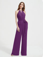 Jumpsuit Plissé Sans Manches à Encolure Licou avec Ceinture Raisin Grande Taille