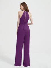 Jumpsuit Plissé Sans Manches à Encolure Licou avec Ceinture Raisin