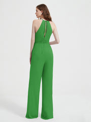 Jumpsuit Plissé Sans Manches à Encolure Licou avec Ceinture Vert Grande Taille