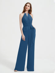 Jumpsuit Plissé Sans Manches à Encolure Licou avec Ceinture Bleu Encre Grande Taille