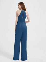 Jumpsuit Plissé Sans Manches à Encolure Licou avec Ceinture Bleu Encre Grande Taille