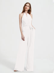 Jumpsuit Plissé Sans Manches à Encolure Licou avec Ceinture Ivoire Grande Taille