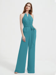 Jumpsuit Plissé Sans Manches à Encolure Licou avec Ceinture Jade