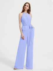 Jumpsuit Plissé Sans Manches à Encolure Licou avec Ceinture Lavande Grande Taille