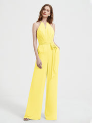Jumpsuit Plissé Sans Manches à Encolure Licou avec Ceinture Citron