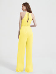 Jumpsuit Plissé Sans Manches à Encolure Licou avec Ceinture Citron Grande Taille